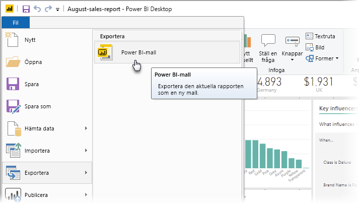 Skärmbild av Power BI Desktop som visar exportalternativ.