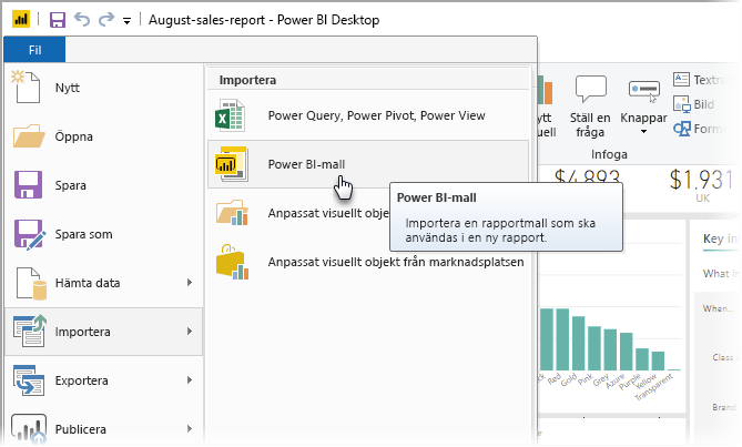 Skärmbild av Power BI Desktop som visar importalternativ.