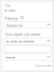 Skärmbild som visar ett filterkort med relativ tid vald som filtertyp.