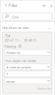 Skärmbild som visar ett filterkort med filtertypen Relativ tid markerad.