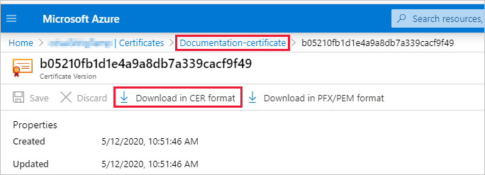 Skärmbild av Fönstret i Azure-portalen, som visar den markerade knappen Ladda ned i CER-format.