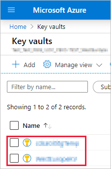 Skärmbild av Fönstret i Azure-portalen, som visar en lista över suddiga nyckelvalv i listan Nyckelvalv.