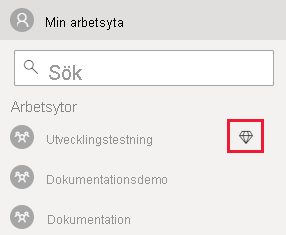 Skärmbild av Power BI-tjänst. I listan Arbetsytor visas en romb bredvid namnet på en arbetsyta som har en tilldelad kapacitet.