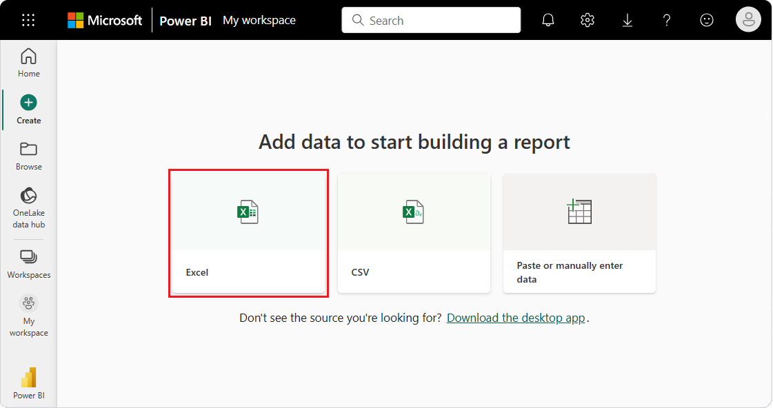 Skärmbild som visar hur du skapar en rapport från en Excel-semantisk modell.