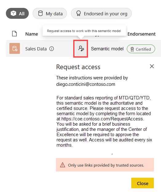 Skärmbild av begärandeåtkomstmeddelandet i datahubben för en semantisk modell som är inställd på att kunna identifieras.