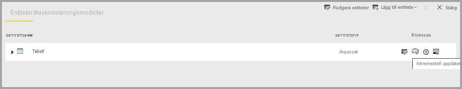 Skärmbild som markerar åtgärden Inkrementell uppdatering för en tabell.