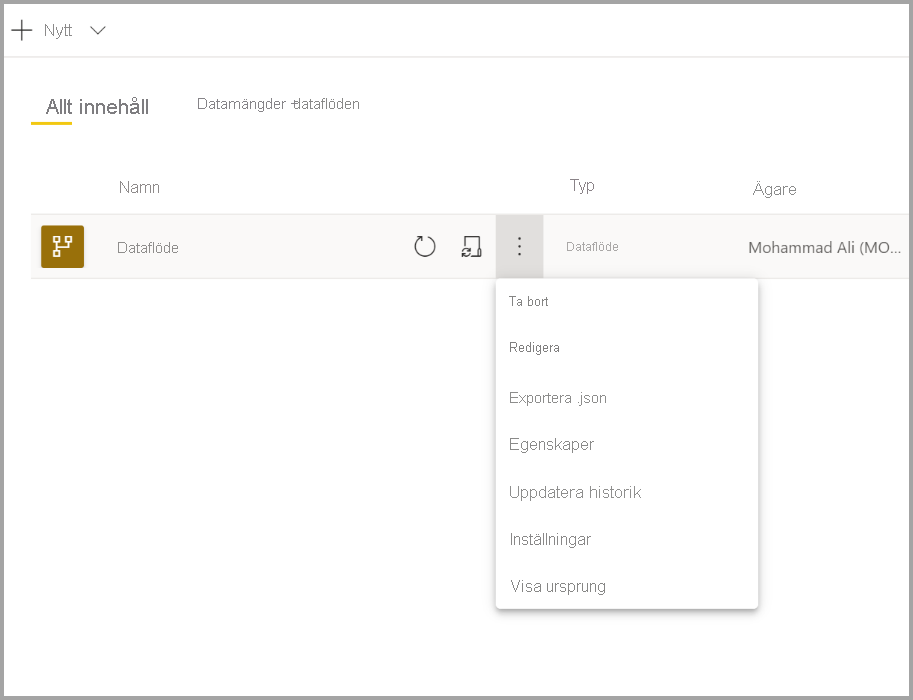 Skärmbild av listruteinställningarna för ett Power BI-dataflöde.