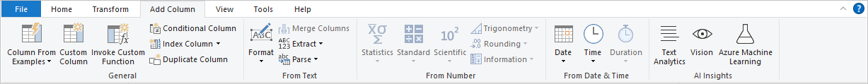 Skärmbild av Power BI Desktop som visar fliken Lägg till kolumn.