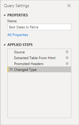 Skärmbild av Power BI Desktop som visar frågeinställningar i den högra rutan.