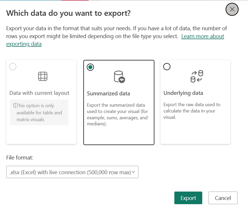 Fönster som visar alternativ för aktuell layout, sammanfattade data och underliggande data.