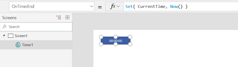 En skärm som innehåller en timerkontroll med formeln OnTimerEnd = Set (CurrentTime, Now ()).