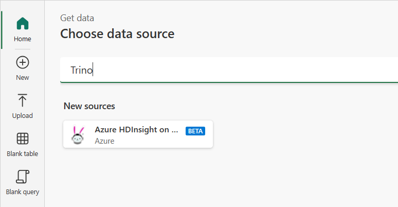 Skärmbild av dialogrutan Välj datakälla med en sökning efter Trino och Azure HDInsight på AKS Trino-anslutningsprogrammet.