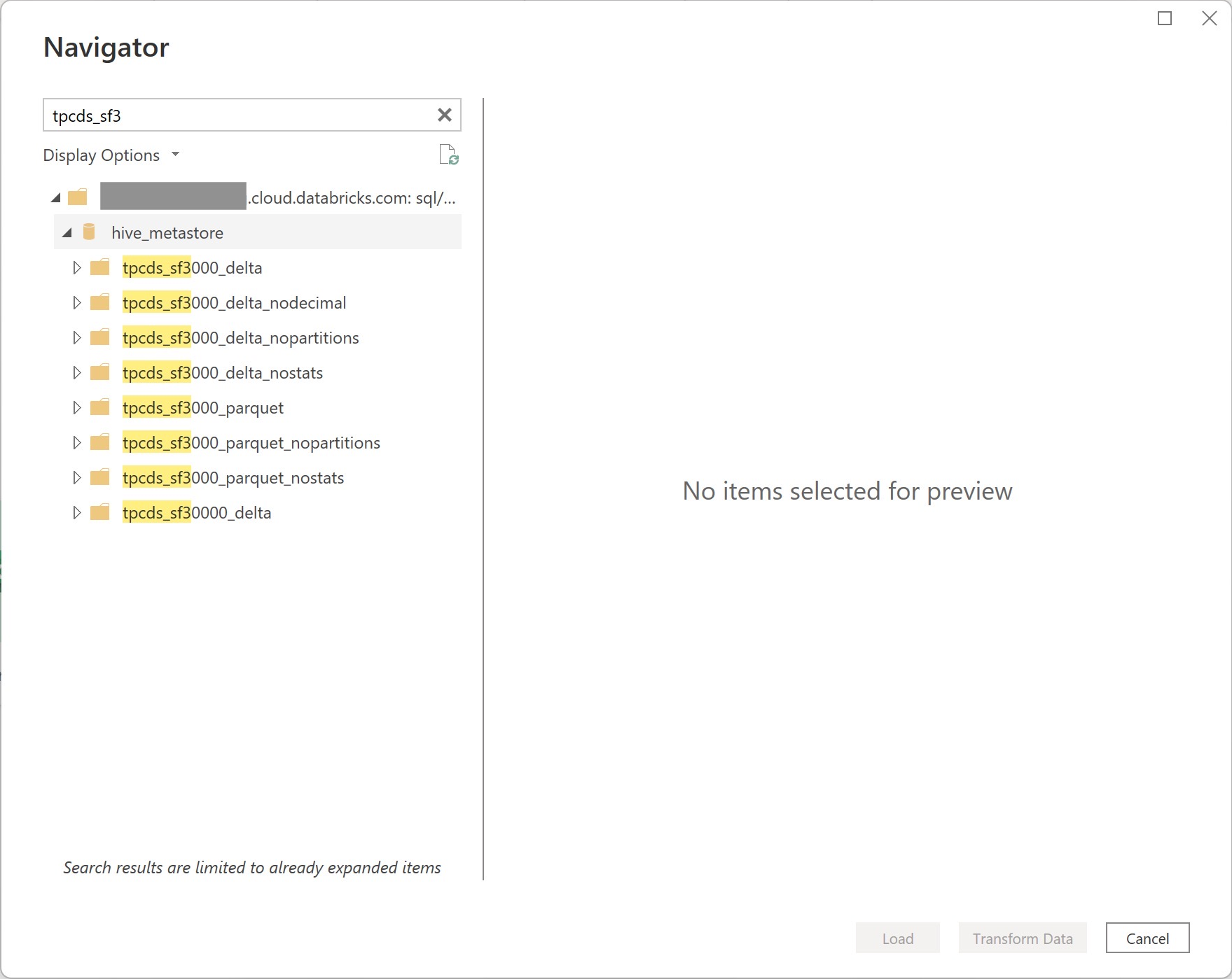 Bild av Power Query-navigatör som läser in Databricks-molndata till skrivbordsapp.