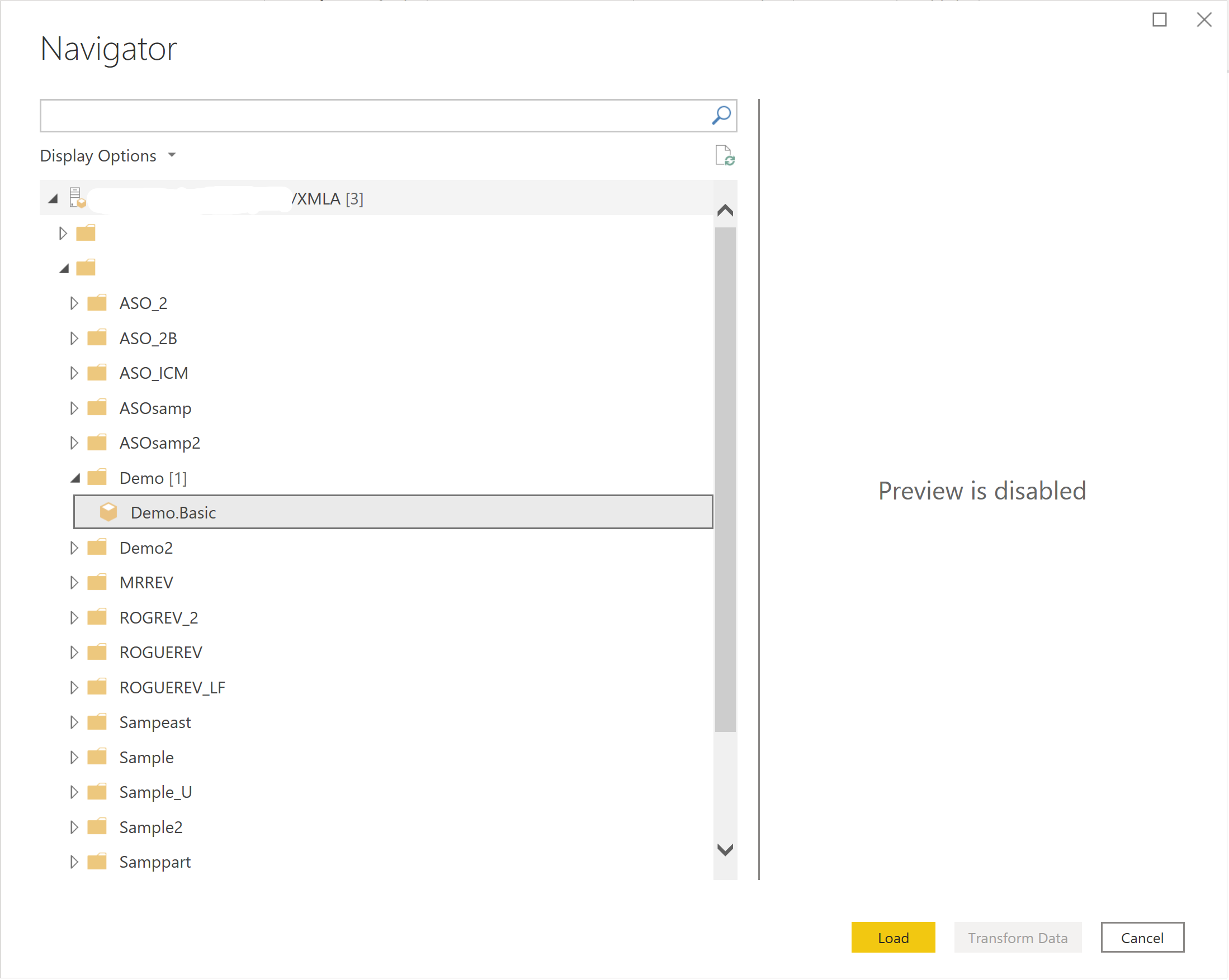 Val av Data navigator för Essbase Direct Query.