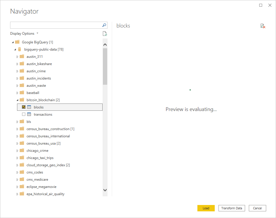 Bild av Power Query-navigatören som läser in Google BigQuery-data till skrivbordsappen.