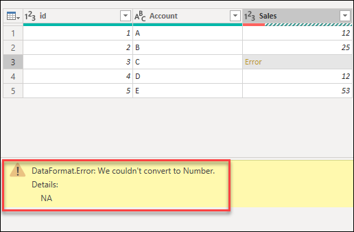 Visar dataformatfel, det gick inte att konvertera till datatypsfel i felfönstret.