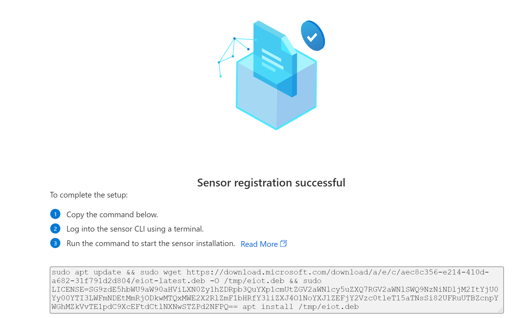 Skärmbild av lyckad registrering av en Enterprise IoT-sensor.