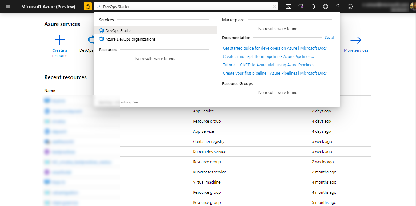 DevOps Starter-instrumentpanelen