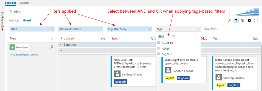 Setting filters on the Kanban board