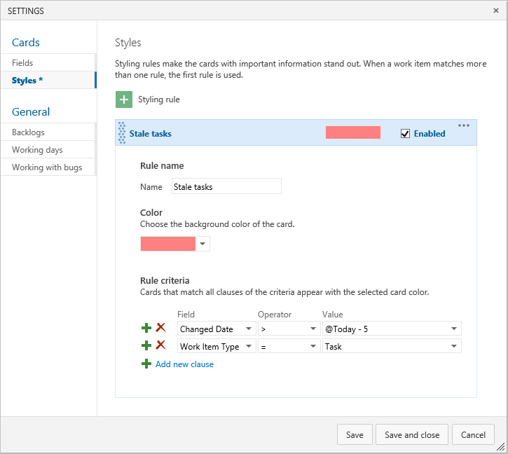 taskboard, Style dialog, example style rule.