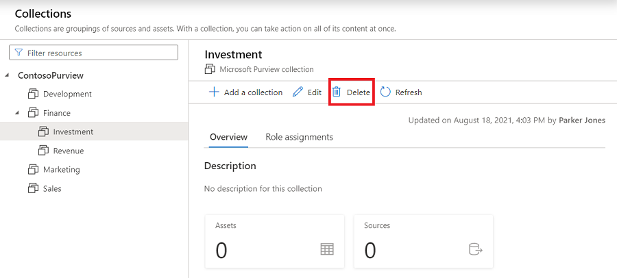 Screenshot of Microsoft Purview governance portal window to delete a collection