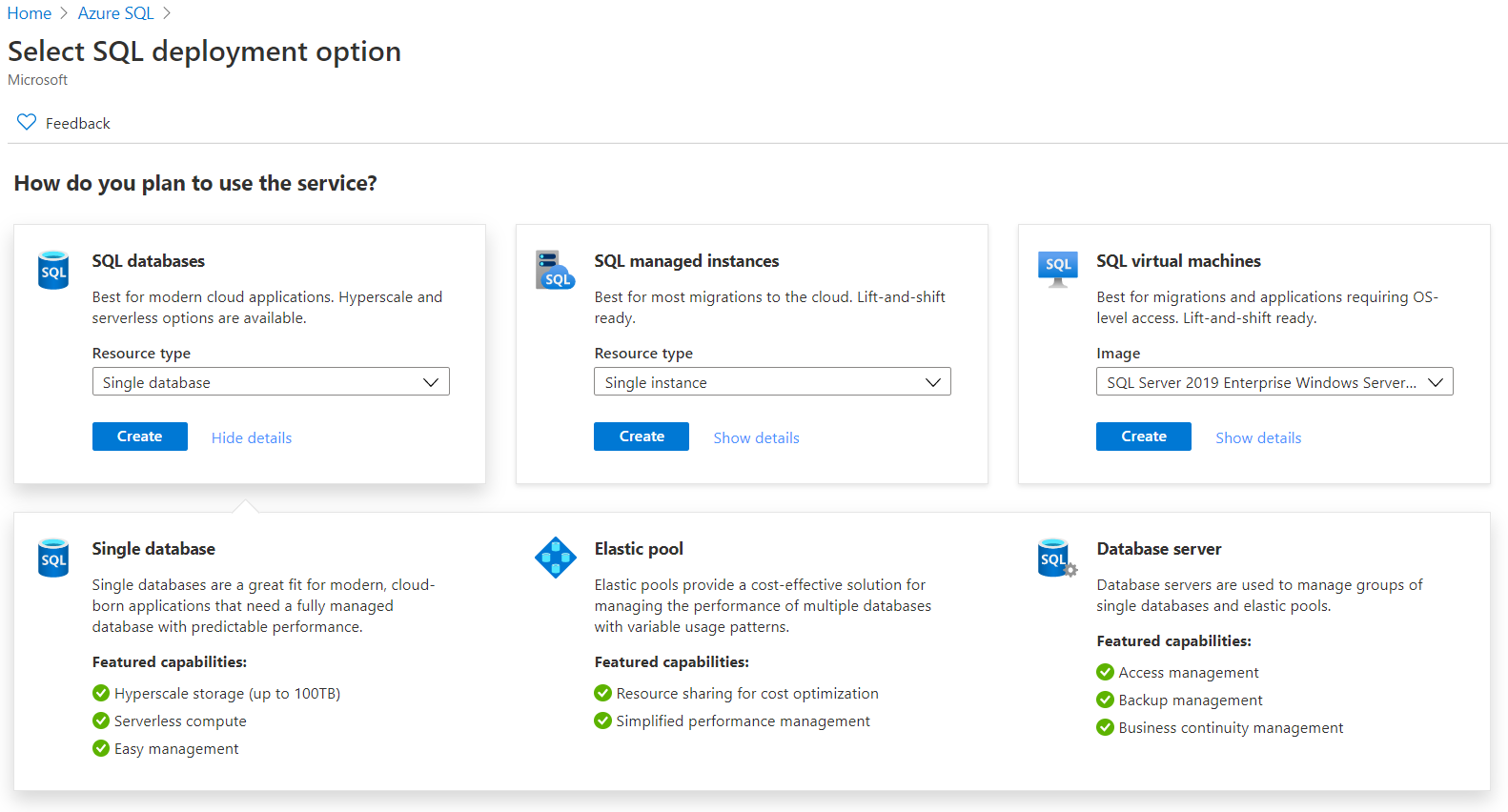 Skärmbild som visar distributionsalternativen för Azure SQL i Azure-portalen.