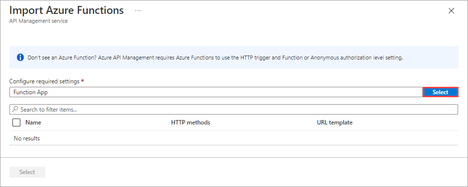 Skärmbild av dialogrutan Importera Azure Functions med fältet Konfigurera nödvändiga inställningar och knappen Välj markerad.