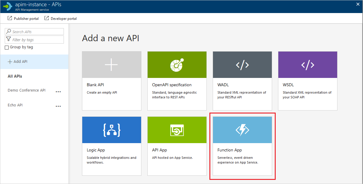 Skärmbild av skärmen Lägg till ett nytt API med en pratbubbla som visar alternativet Azure-funktionsapp.