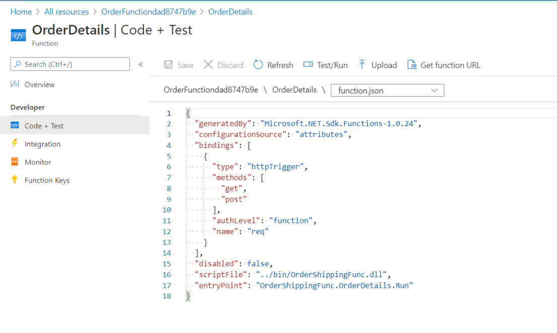 OrderDetails JSON-kod, med Kod + Test i menyn och Test/Kör i kommandofältet markerat.