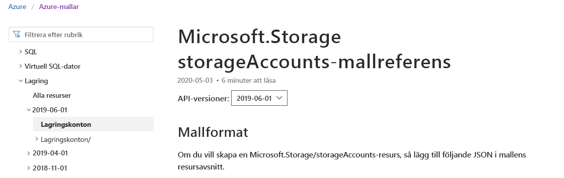 Skärmbild av en Microsoft-dokumentationssida som visar den valda dokumentationen för lagringskontot.