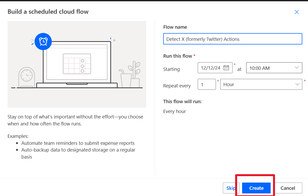 Screenshot of Build a scheduled flow with Flow name set to Detect X Actions.