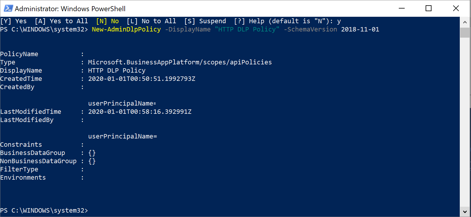 Screenshot of PowerShell results showing PolicyName, Type, DisplayName, CreatedTime, CreatedBy, and other attributes.