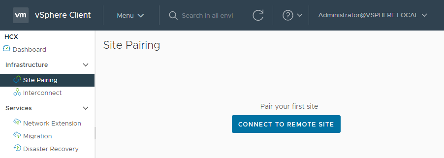 Screenshot of where to pair your first site and connect to the remote site in HCX Connector on-premises.