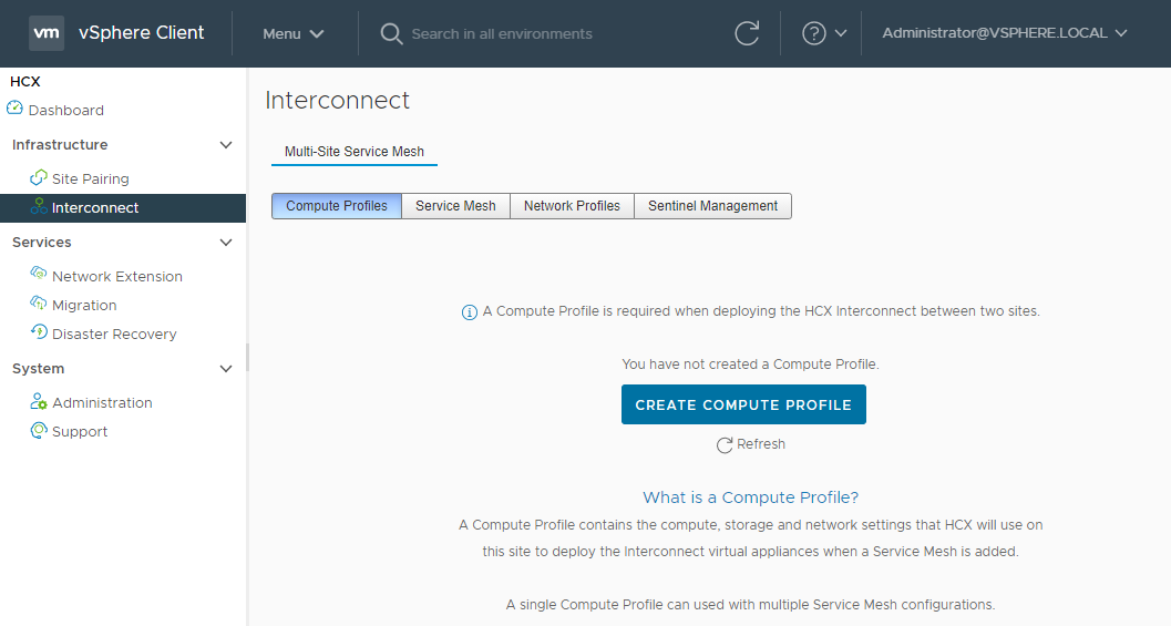 Screenshot of where to create an HCX compute profile in HCX Connector on-premises.