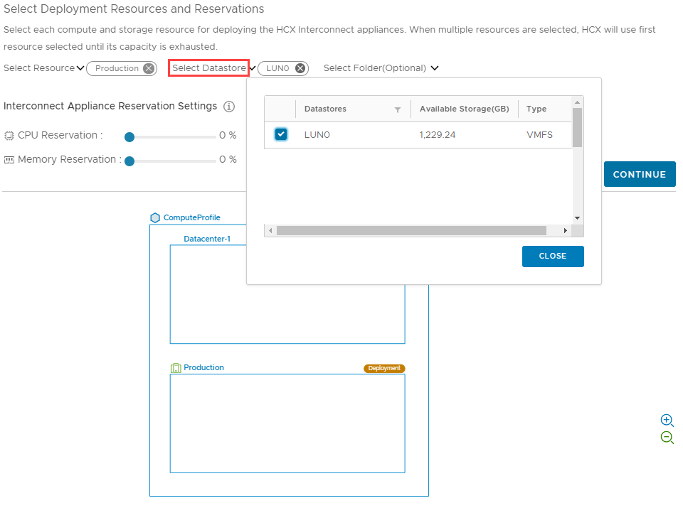 Screenshot that shows a selected data storage resource and the continue button in the on-premises HCX Connector.