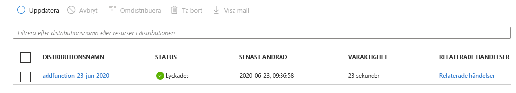 Skärmbild av Azure Portal som visar distributioner. En distribution visas och har statusen Lyckades.