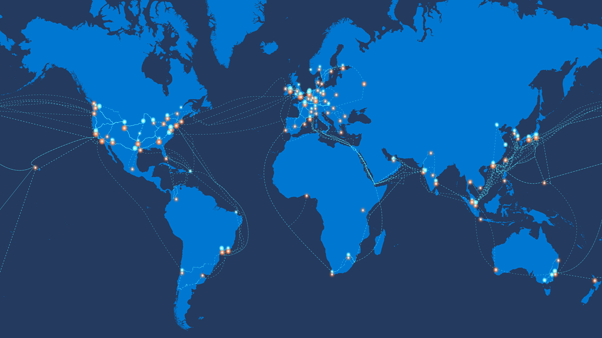 Diagram över en världskarta som visar det globala Azure-nätverket.