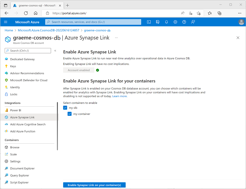 Skärmbild som visar sidan Azure Synapse Link i Azure Portal, med en befintlig container markerad och knappen Aktivera Synapse Link på containern aktiverad.