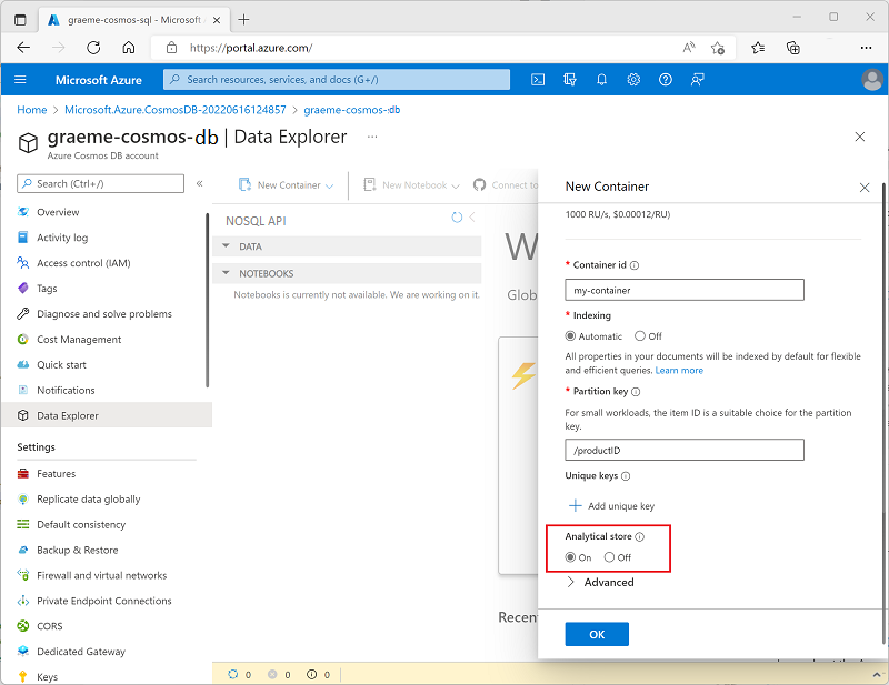 Skärmbild som visar alternativet Analysarkiv när du skapar en ny container i Azure Portal.