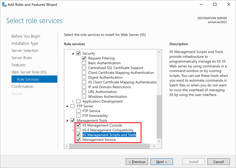 Screenshot showing IIS Management scripts and tools selected.