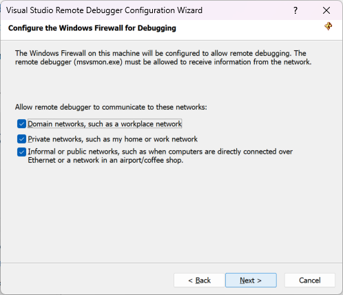 Screenshot of remote debugger configuration.