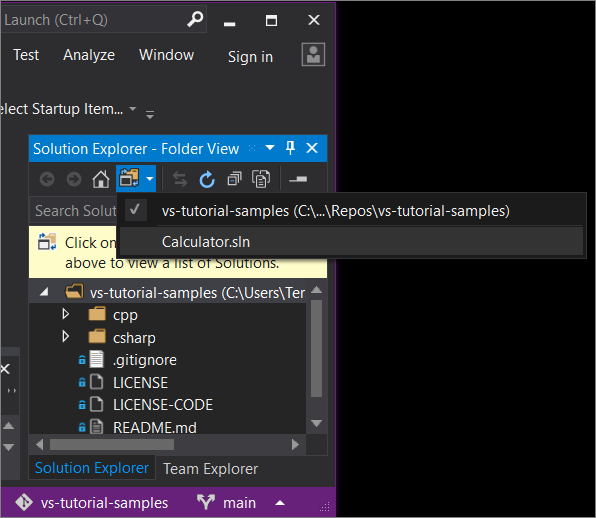 Skärmbild av listrutan Solution Explorer i Visual Studio 2019 version 16.7 och tidigare.