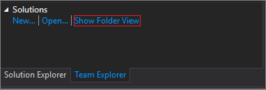 Skärmbild av avsnittet Lösningar i Team Explorer i Visual Studio 2019 version 16.7 och tidigare, när klonen är klar.