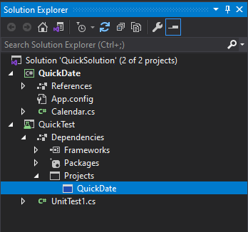 Skärmbild av Solution Explorer som visar en projektreferens i Visual Studio 2019.