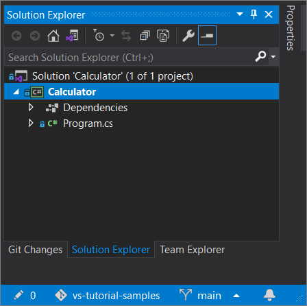 Skärmbild av ett projekt i Git som är öppet i Solution Explorer i Visual Studio 2019 version 16.8 och senare.