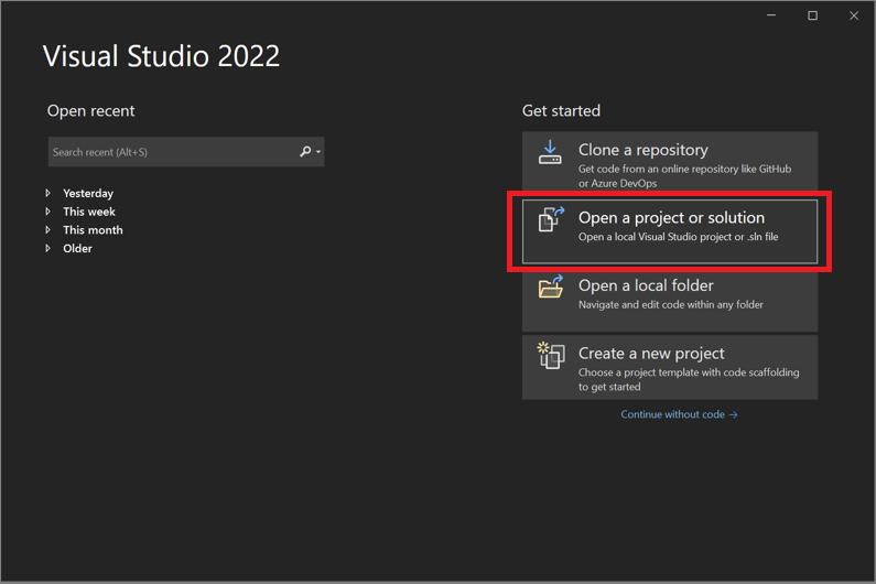 Skärmbild av fönstret Öppna ett projekt eller en lösning i Visual Studio 2022.