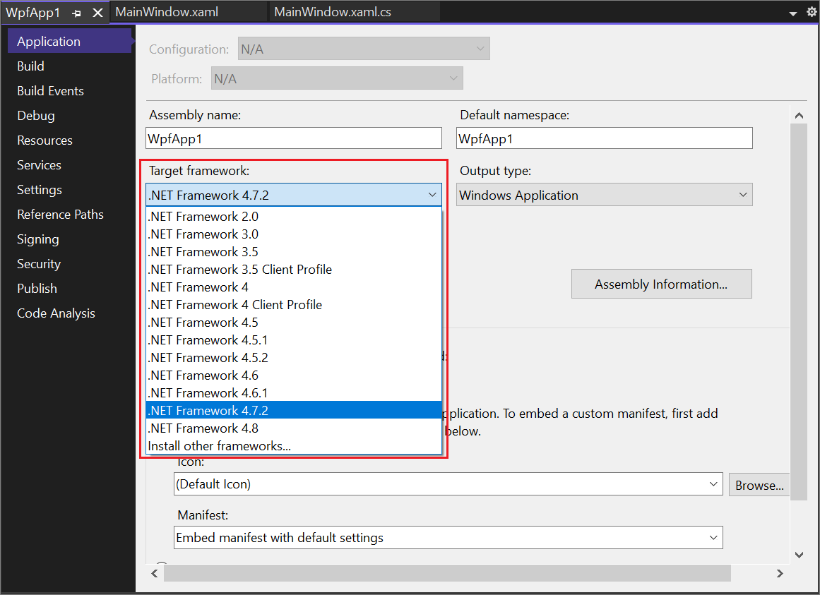 Skärmbild av dialogrutan Projektegenskaper med .NET Framework-alternativ markerade.