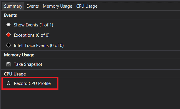 Skärmbild som visar diagnostikverktyg som aktiverar CPU-profilering.