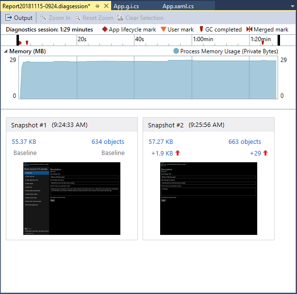 Skärmbild av översiktssidan i verktyget Minnesanvändning i Visual Studio Performance Profiler, som visar ett diagram över minnesanvändning och två ögonblicksbildsfönster. översiktssidan för