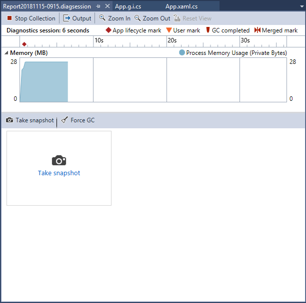 Skärmbild av fönstret Diagnostikverktyg i Visual Studio Performance Profiler som visar ett tidslinjediagram över appens minnesanvändning. Minnesrapportöversikt